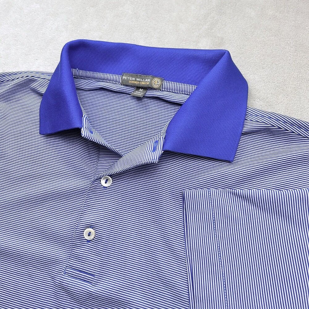 Peter Millar Summer Comfort Mens Medium Striped Polo Blue White Breathable